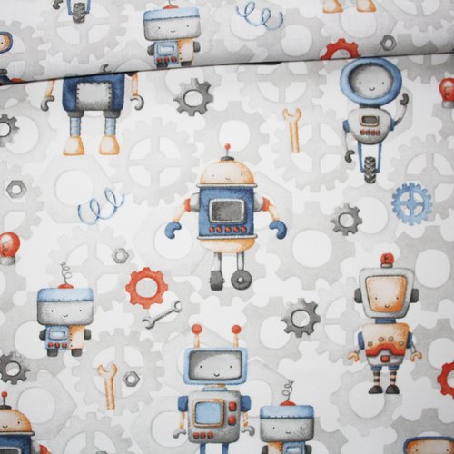 Tissu robots sur un fond blanc et gris en coton imprimé oeko tex