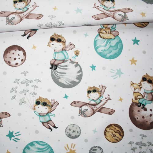 Tissu petit prince sur un fond blanc en coton imprimé oeko tex