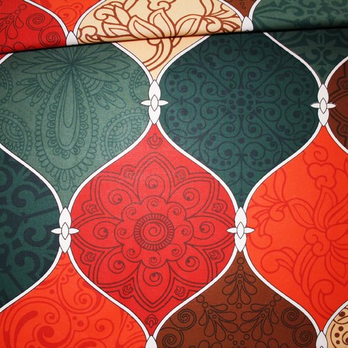 Tissu treillis marocain vert orange et rouge en coton imprimé oeko tex grand motif
