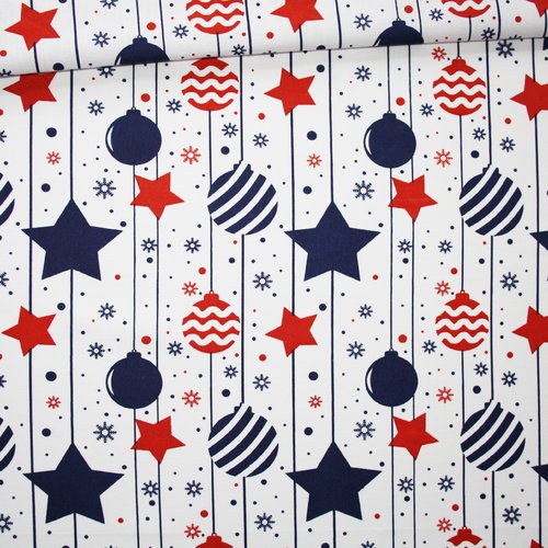 Tissu étoiles et boules de noël en coton imprimé oeko-tex rouge bleu foncé et blanc