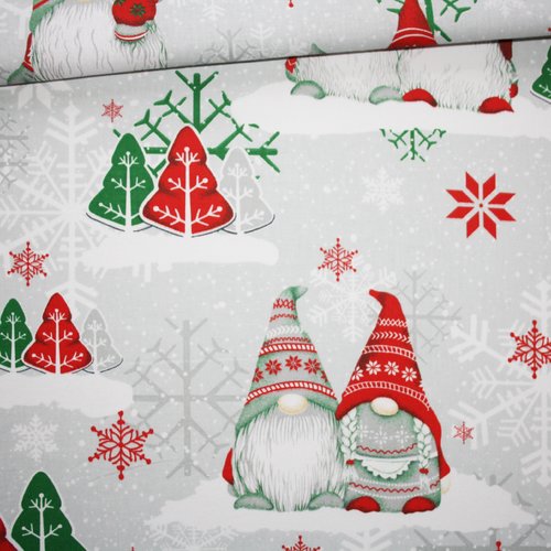 Tissu lutins de noël et flocons de neige vert gris rouge en coton imprimé grand motif