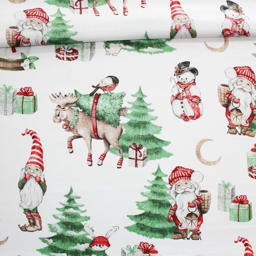 Tissu lutins de noël et père noël en coton imprimé oeko tex grand motif