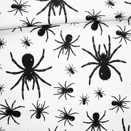 Tissu araignées noires sur un fond blanc en coton imprimé oeko tex
