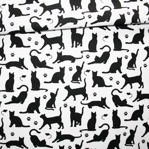Tissu chats noirs sur un fond blanc en coton imprimé oeko tex
