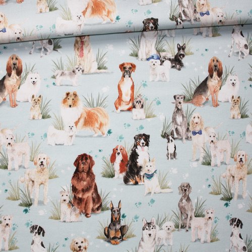 Tissu chiens sur un fond turquoise pastel en coton imprimé premium oeko tex