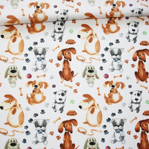 Tissu chiens marrons et noirs sur un fond blanc en coton imprimé oeko tex