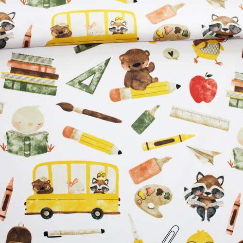 Tissu rentrée des classes sur un fond blanc en coton imprimé oeko tex