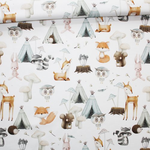 Tissu animaux de la forêt d'automne en coton imprimé premium oeko tex fond blanc