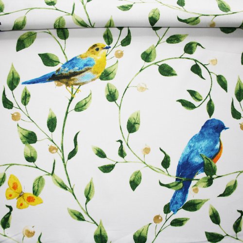 Tissu oiseaux de printemps sur un fond blanc en coton imprimé oeko tex