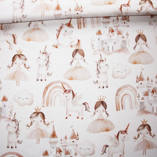 Tissu princesse et licorne sur un fond blanc en coton imprimé premium oeko tex