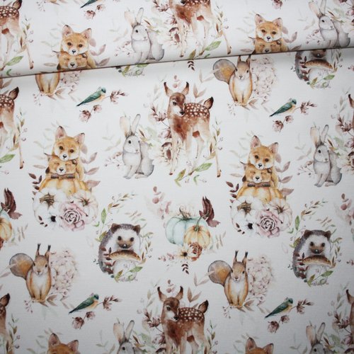Tissu animaux de la forêt avec des fleurs en coton imprimé premium oeko tex fond blanc