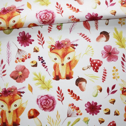 Tissu renard fleurs champignons sur un fond blanc en coton imprimé oeko tex