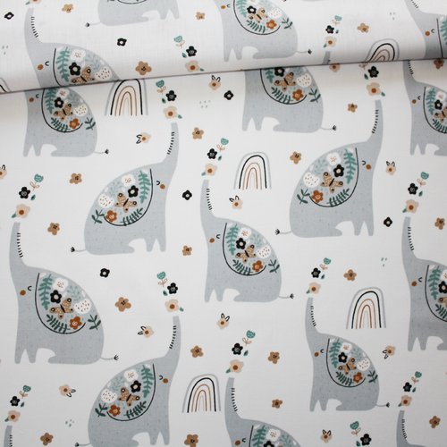 Tissu éléphants gris sur un fond blanc en coton imprimé oeko tex