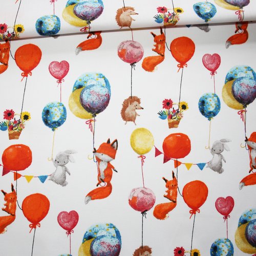 Tissu renards hérissons lapins et ballons en coton imprimé oeko tex fond blanc