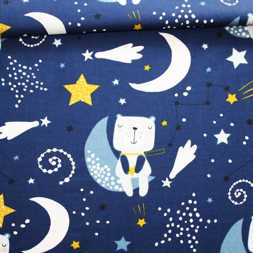 Tissu oursons dans l'espace en coton imprimé oeko tex fond bleu foncé