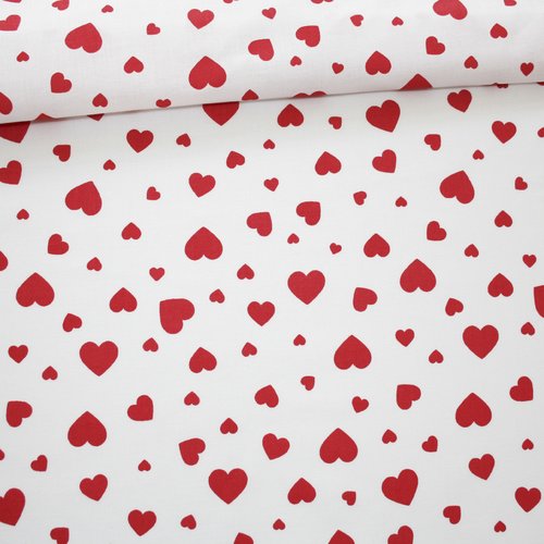 Tissu cœurs rouge framboise sur un fond blanc en coton imprimé oeko tex