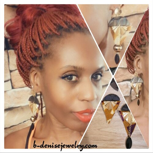Original handcrafted earrings in real leather !! diamond drop!! orange red in leather and laiton, t:9cm x 4cm b-denise creation 