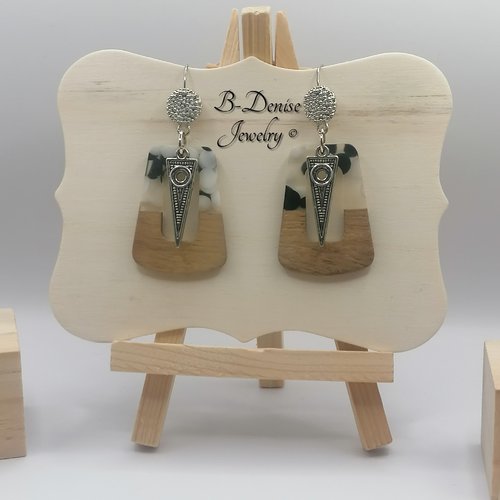 Original boucles d'oreilles femme !! pocotriangle !! gris blanc et marron t:5cm x 2.5cm collection bois resine b-denise jewelry creation