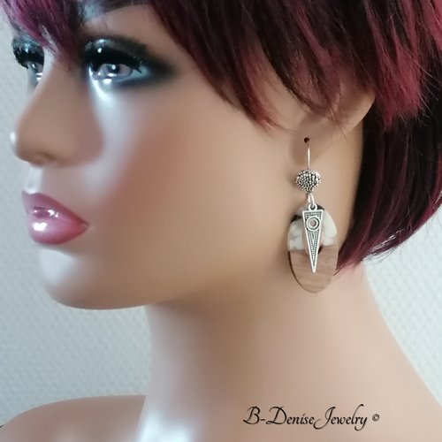 Original boucles d'oreilles femme !! ovale !! polka dots gris blanc et marron t:6cm x 2cm collection bois resine b-denise jewelry creation