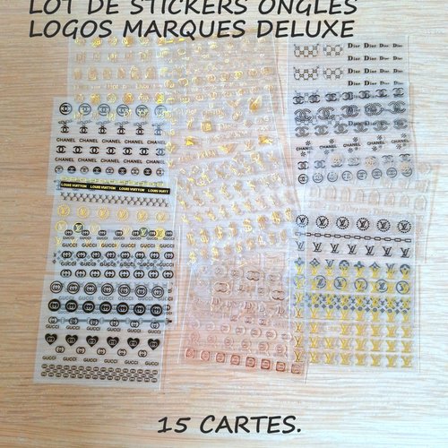 Lot de 15 cartes de stickers ongles logos luxe pour nail art