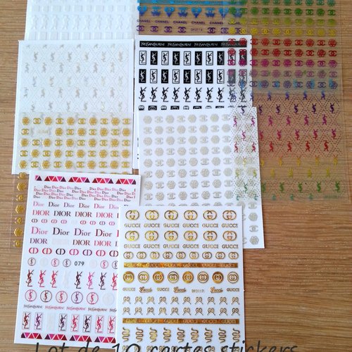 Lot de 10 cartes de stickers ongles logos luxe pour nail art