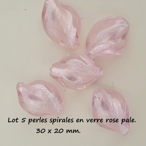 Lot de 5 perles de verre spirales de 30 x 20 mm rose pale feuille d'argent.