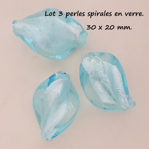 Lot de 3 perles de verre spirales de 30 x 20 mm turquoise feuille d'argent.