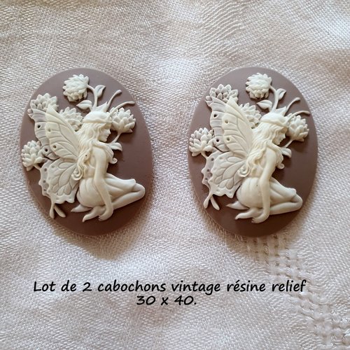 Lot 2 cabochons vintage resine en relief 40 x 30 mm