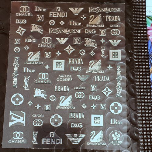 1 grande carte de stickers argent ongles nails art logos (499.6713)