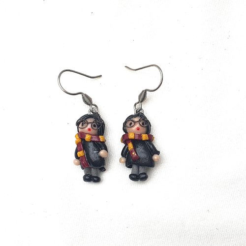 Boucles d'oreilles harry potter, boucles d'oreilles acier inoxydable et fimo, miniature, saga harry potter, figurine télé,
