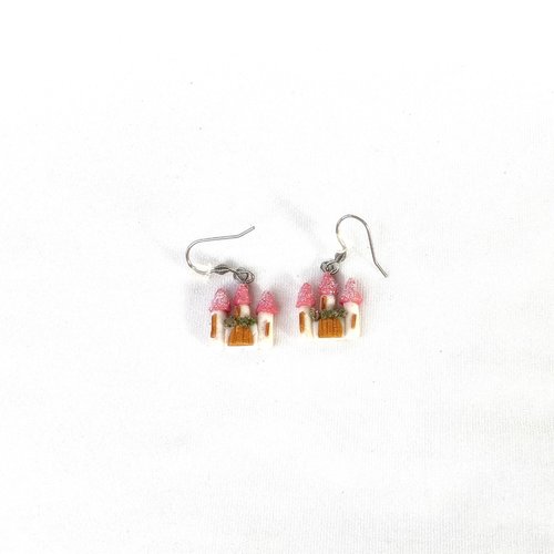 Boucles d 'oreilles enfants châteaux, château princesse, tour rose, miniature fimo, boucles d 'oreilles acier inoxydable, fait main