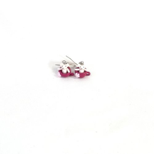 Boucles d 'oreilles enfant ours acier inoxydable fimo, ours miniature pâte polymère, création bijoux enfants fait main, vaisselle, bol