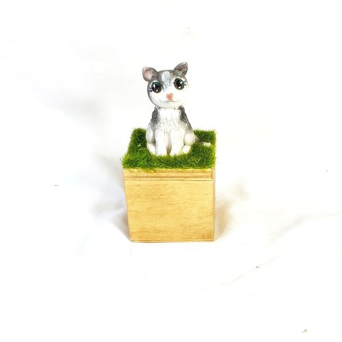 Boite à dents chat, figurine pâte polymère, boite en bois, chat gris et blanc,