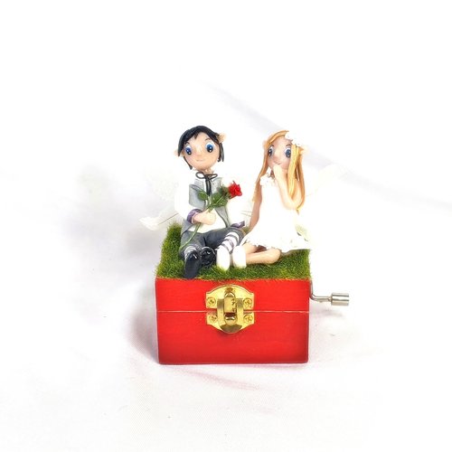 Boite à musique manivelle, couple fimo, miniature fimo, rose rouge, boite en bois, elfe, lutin