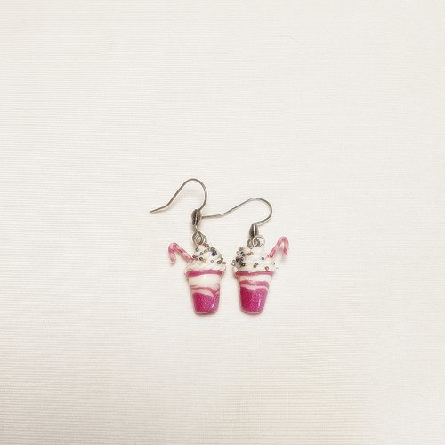 Boucles d'oreilles gourmande, milk shake fimo, boucles d'oreilles acier inoxydable