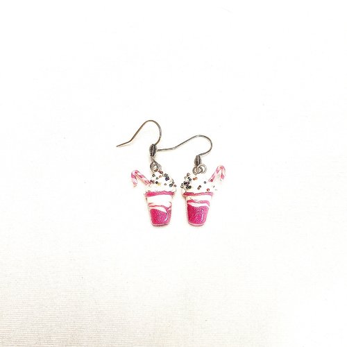 Boucles d'oreilles gourmande, milk shake fimo, boucles d'oreilles acier inoxydable