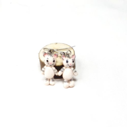 Boucles d 'oreilles chats blancs fimo, miniature animaux fimo, boucles d 'oreilles enfants acier inoxydable