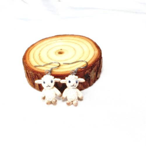 Boucles d'oreilles moutons fimo, bijoux enfants acier inoxydable, moutons miniatures fimo