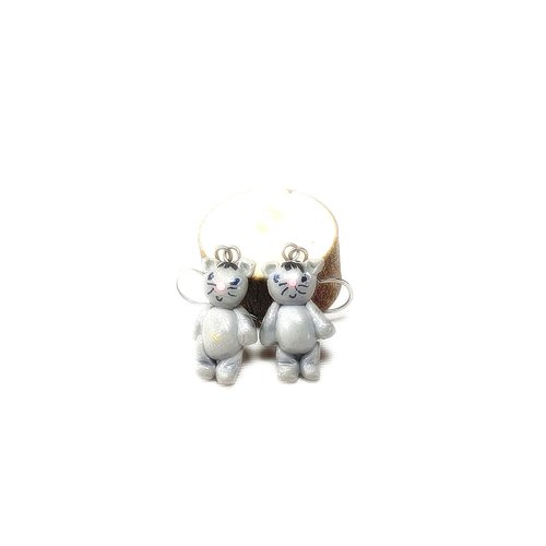 Boucles d'oreilles chat gris fimo, bijoux enfants acier inoxydable, miniature chats fimo