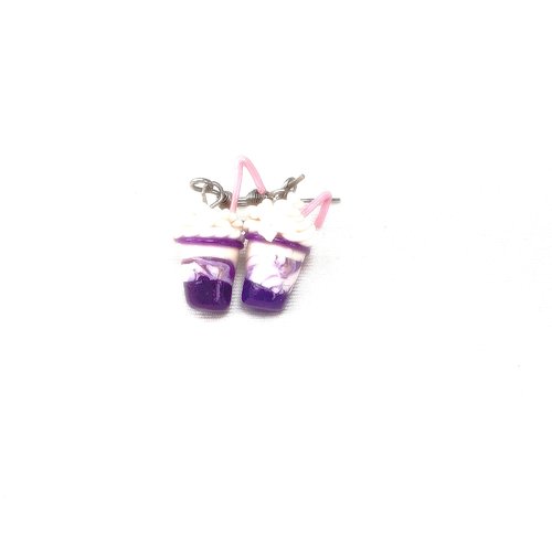 Boucles d'oreilles gourmand, bijoux fimo et acier inoxydable, milk shake miniature fimo,