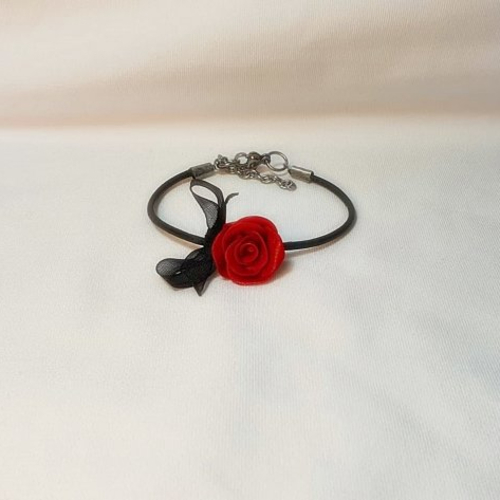 Bracelet réglable rose rouge cuir noir