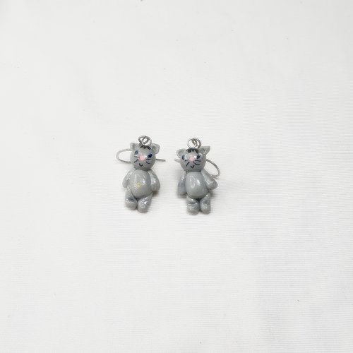 Boucles d'oreilles chat gris fimo, bijoux enfants acier inoxydable, miniature chats fimo