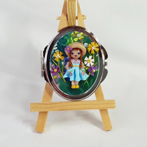 Miroir de poche enfant, accessoire de sac à main, miroir de poche acier inoxydable et fimo