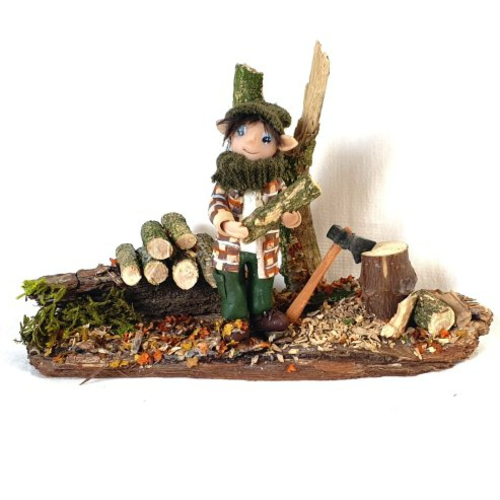 Lutin bûcheron, lutin fimo, scène féerique,