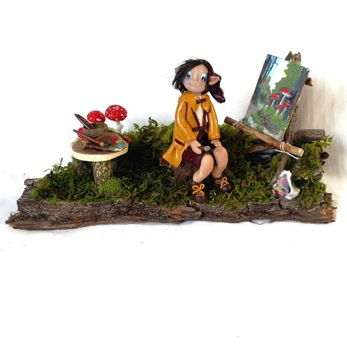 Lutin fimo fait main, figurine féerique artisanale, scène forêt magique, décoration elfique unique