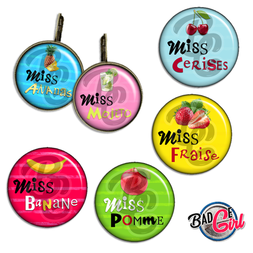 Miss fruit - 45 images pour cabochon rond - page digitale pour cabochon et/ou badge