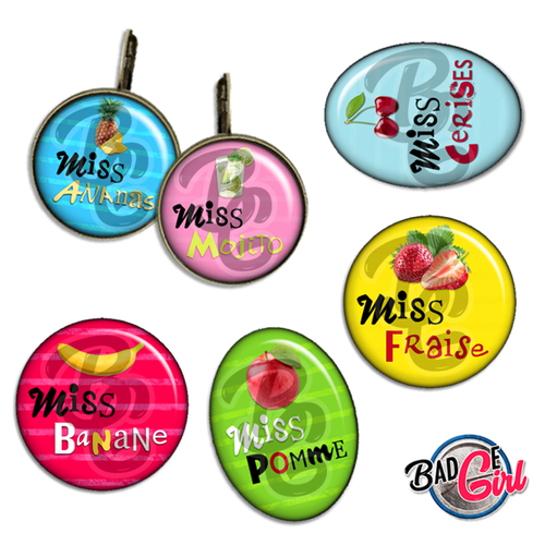 Miss fruit - 60 images pour cabochon rond et ovale - page digitale pour cabochon et/ou badge