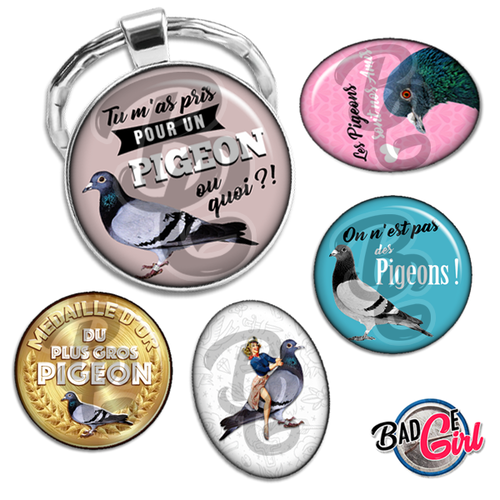 Pigeon - 60 images pour cabochon rond et ovale - page digitale pour cabochon et/ou badge