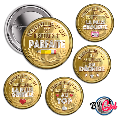 Médaille d'or institutrice - 20 images digitales numériques badge 38mm- page digitale pour cabochon et/ou badge