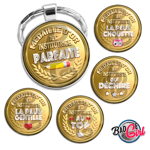 Médaille d'or institutrice - 45 images pour cabochon rond - page digitale pour cabochon et/ou badge